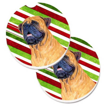 Carolines Treasures Mastiff Candy Cane Holiday Christmas Set of 2 Cup Holder Car Coaster SS4589CARC